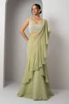 Buy_Charu and Vasundhara_Green Silk Blouse Hand Embroidery Pearl Tassels Verica Pre-draped Saree With _at_Aza_Fashions