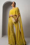 Buy_Charu and Vasundhara_Yellow Net Pant Hand Embroidery Floral Round Neck Vivi Poncho Set _at_Aza_Fashions