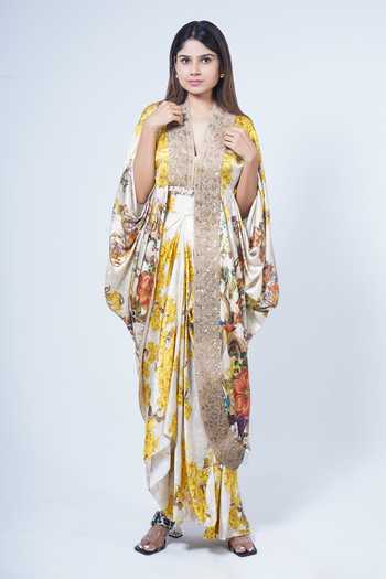 Printed Kaftan Top Paired Draped Printed Skirt main image 1