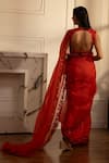 Shop_HOUSE OF KÀRMÀH_Red Crepe Embroidery Floral Sweetheart Cascade Saree With Blouse _at_Aza_Fashions