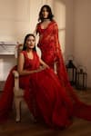 HOUSE OF KÀRMÀH_Red Crepe Embroidery Floral Sweetheart Cascade Saree With Blouse _Online_at_Aza_Fashions