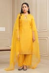 Shop_HOUSE OF KÀRMÀH_Yellow Tussar Georgette Embroidery Floral Radiance Resham Kurta And Pant Set _Online_at_Aza_Fashions