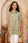 B'Infinite_Green Soft Linen Printed Floral Collar Camellia Shirt _at_Aza_Fashions