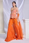 Shop_Papa Don't Preach_Orange Tulle Embroidered Crystals V-neck Girl Crush Peplum Top Sharara Set _Online_at_Aza_Fashions