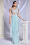 Buy_Papa Don't Preach_Blue Tulle Embroidered Silver Pearls Sweetheart Royal Aqua Saree Set _at_Aza_Fashions