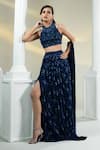 Buy_HOUSE OF KÀRMÀH_Blue Crepe Embellished Floral Halter Midnight Majesty Embroidered Lehenga Set _at_Aza_Fashions