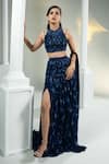 Buy_HOUSE OF KÀRMÀH_Blue Crepe Embellished Floral Halter Midnight Majesty Embroidered Lehenga Set _Online_at_Aza_Fashions