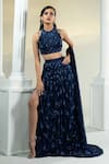 Shop_HOUSE OF KÀRMÀH_Blue Crepe Embellished Floral Halter Midnight Majesty Embroidered Lehenga Set _Online_at_Aza_Fashions