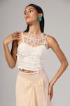 Rina Dhaka_Peach Organza Embroidery Floral Bustier Geometric Thread Jacket And Set _Online_at_Aza_Fashions