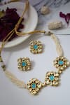 Shop_Paisley Pop_Blue Kundan Embellished Floral Unit Choker Necklace Set _at_Aza_Fashions