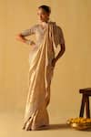 Buy_Sheetal Batra_Gold Silk, Brocade Zari, Embroidery V-neck Saraa Floral Saree With Blouse _at_Aza_Fashions