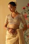 Shop_Sheetal Batra_Gold Silk, Brocade Zari, Embroidery V-neck Saraa Floral Saree With Blouse 
