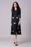 Scarlet Sage_Black Polyester Collared Teresa Pleated Polka Dot Dress With Belt_at_Aza_Fashions
