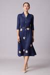 Buy_Scarlet Sage_Blue Polyester Collared Teresa Pleated Polka Dot Dress With Belt_at_Aza_Fashions