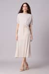 Buy_Scarlet Sage_Off White 100% Polyester Pleat Cape High Neck Elsie Detailed Midi Dress With _at_Aza_Fashions