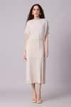 Scarlet Sage_Off White 100% Polyester Pleat Cape High Neck Elsie Detailed Midi Dress With _Online_at_Aza_Fashions