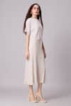 Scarlet Sage_Off White 100% Polyester Pleat Cape High Neck Elsie Detailed Midi Dress With _at_Aza_Fashions