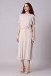 Buy_Scarlet Sage_Off White 100% Polyester Pleat Cape High Neck Elsie Detailed Midi Dress With 