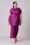 Buy_Scarlet Sage_Magenta 100% Polyester Plain Boat Neck Lanna Pleated Tunic And Pant Set _at_Aza_Fashions