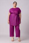 Scarlet Sage_Magenta 100% Polyester Plain Boat Neck Lanna Pleated Tunic And Pant Set _at_Aza_Fashions