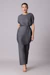 Buy_Scarlet Sage_Grey 100% Polyester Plain Boat Neck Lanna Pleated Asymmetric Tunic And Pant Set _at_Aza_Fashions