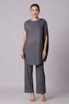 Scarlet Sage_Grey 100% Polyester Plain Boat Neck Lanna Pleated Asymmetric Tunic And Pant Set _Online_at_Aza_Fashions