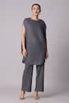 Buy_Scarlet Sage_Grey 100% Polyester Plain Boat Neck Lanna Pleated Asymmetric Tunic And Pant Set _Online_at_Aza_Fashions