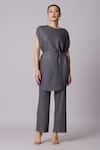 Shop_Scarlet Sage_Grey 100% Polyester Plain Boat Neck Lanna Pleated Asymmetric Tunic And Pant Set _Online_at_Aza_Fashions