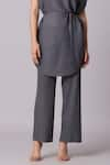 Buy_Scarlet Sage_Grey 100% Polyester Plain Boat Neck Lanna Pleated Asymmetric Tunic And Pant Set 