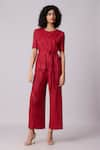 Buy_Scarlet Sage_Red 100% Polyester Textured Round Lina Pleated Top And Pant Set _at_Aza_Fashions