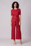 Scarlet Sage_Red 100% Polyester Textured Round Lina Pleated Top And Pant Set _Online_at_Aza_Fashions