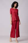 Shop_Scarlet Sage_Red 100% Polyester Textured Round Lina Pleated Top And Pant Set _Online_at_Aza_Fashions