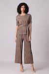 Buy_Scarlet Sage_Brown 100% Polyester Textured Round Lina Pleated Top And Pant Set _at_Aza_Fashions