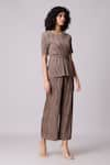 Scarlet Sage_Brown 100% Polyester Textured Round Lina Pleated Top And Pant Set _Online_at_Aza_Fashions