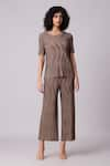 Buy_Scarlet Sage_Brown 100% Polyester Textured Round Lina Pleated Top And Pant Set _Online_at_Aza_Fashions