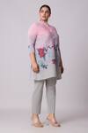 Buy_Scarlet Sage_Grey 100% Polyester Print Floral Stand Collar Adela Art Deco Tunic With Pant 