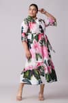 Buy_Scarlet Sage_White 100% Polyester Print Floral Collared Neck Betsy Flower Dress With Belt _Online_at_Aza_Fashions