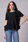 Scarlet Sage_Black 100% Polyester Plain Round Carli Ruffled Hem Top _Online_at_Aza_Fashions