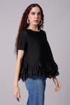 Scarlet Sage_Black 100% Polyester Plain Round Carli Ruffled Hem Top _at_Aza_Fashions