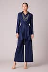 Buy_Scarlet Sage_Blue 100% Polyester Plain Collared Neck Cathy Pleated Top And Pant Set _at_Aza_Fashions