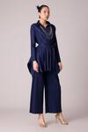 Scarlet Sage_Blue 100% Polyester Plain Collared Neck Cathy Pleated Top And Pant Set _at_Aza_Fashions