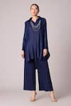 Buy_Scarlet Sage_Blue 100% Polyester Plain Collared Neck Cathy Pleated Top And Pant Set 