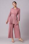 Buy_Scarlet Sage_Pink 100% Polyester Plain Collared Neck Cathy Pleated Top And Pant Set _at_Aza_Fashions