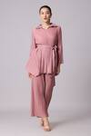 Scarlet Sage_Pink 100% Polyester Plain Collared Neck Cathy Pleated Top And Pant Set _Online_at_Aza_Fashions