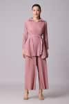 Buy_Scarlet Sage_Pink 100% Polyester Plain Collared Neck Cathy Pleated Top And Pant Set 