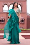 Buy_Aariyana Couture_Green Bustier Dupion Embroidered Floral V Pre-draped Ruffle Saree With Blouse _Online