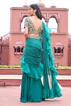 Aariyana Couture_Green Bustier Dupion Embroidered Floral V Pre-draped Ruffle Saree With Blouse _Online_at_Aza_Fashions