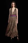 Buy_Rara Avis_Brown Viscose Lurex Paisley Plunge V Neck Eurasian Gathered Maxi Dress _at_Aza_Fashions