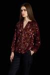 Rara Avis_Maroon Viscose Embroidery Sequins V-neck Full Sleeve Top_Online_at_Aza_Fashions