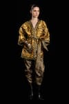 Rara Avis_Gold Polyester Woven Front Open Kimono Jacket With Belt _Online_at_Aza_Fashions